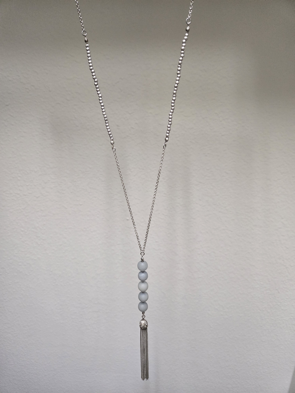 Beaded Tassel Drop Necklace - Silver and Light Blue